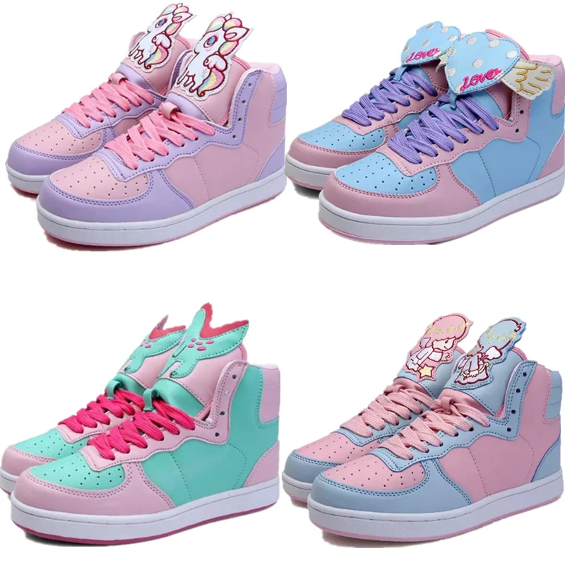 kawaii flat heel Girls Shoes Lolita Cute angel/dinosaur/pony/Love Anime cosplay woman Shoes Color Matching Loli kawaii Pink shoe