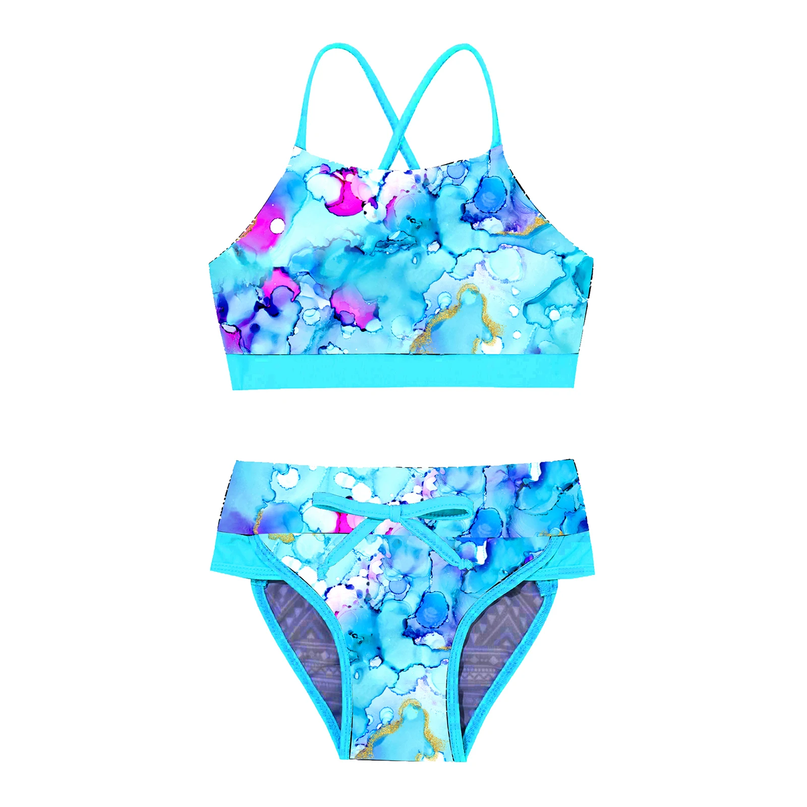 TiaoBug 3 To 14 Years Kids Girls 2Pcs Summer Swimsuit Swimwear Geometric Pattern Floral Print Bathing Suit Bikini Set