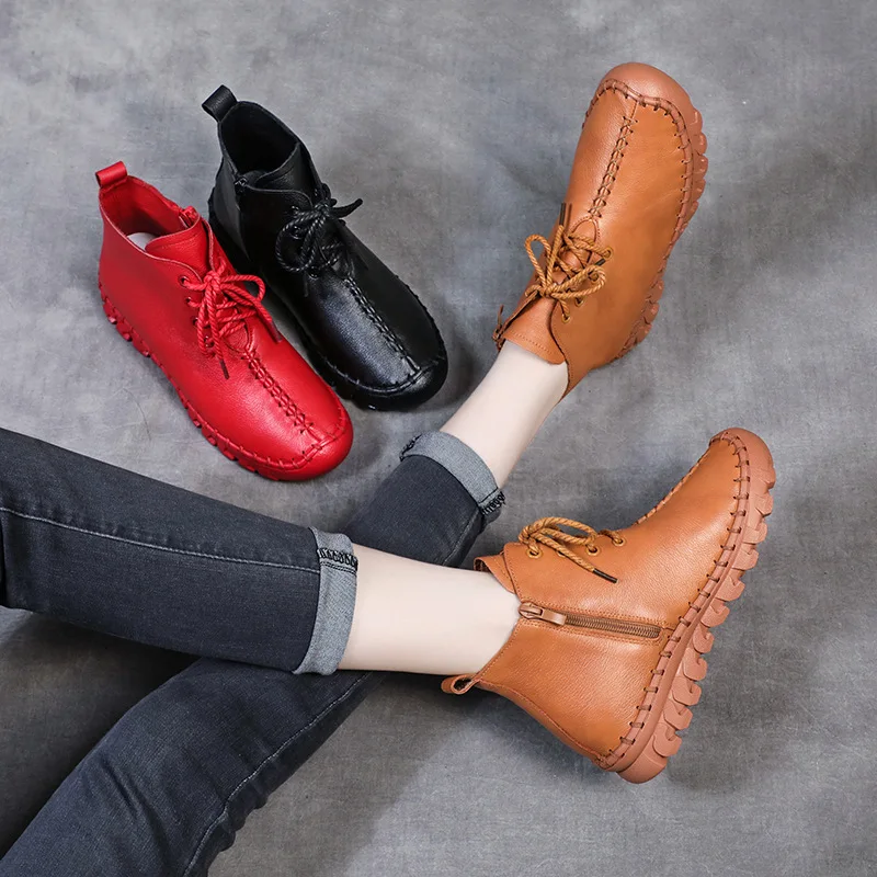 GKTINOO Winter Ankle Boots Women Genuine Leather Shoes Woman Autumn Rubber Boots Female Lace-Up Shoes Flat with Fur Botas Mujer