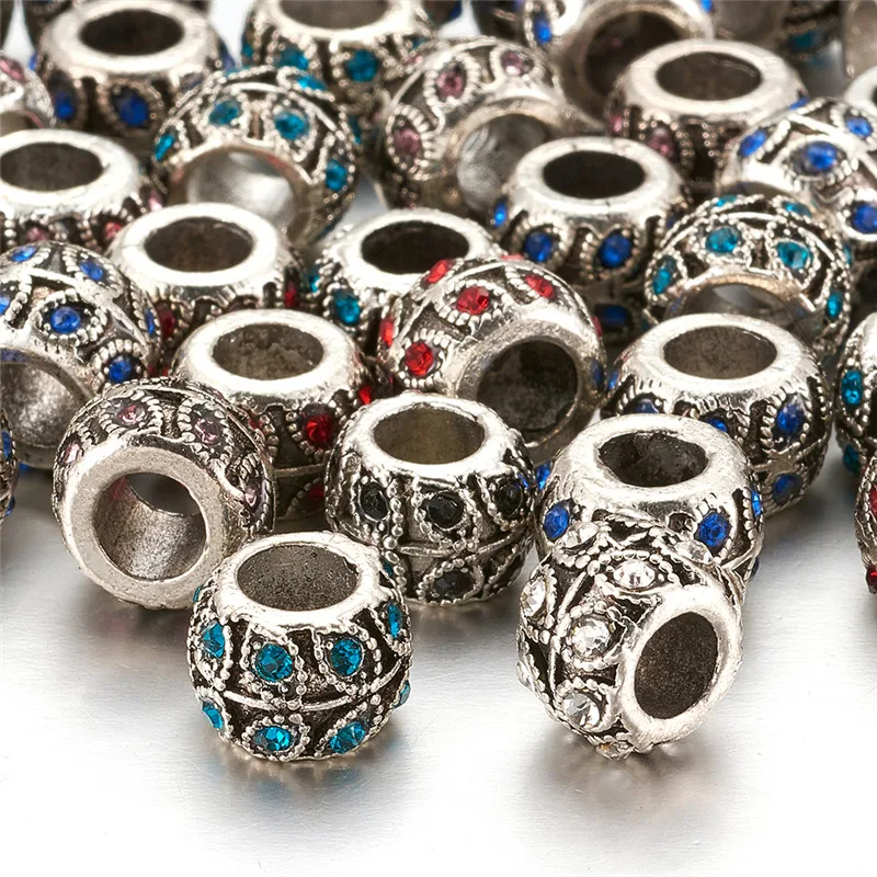 50pcs Alloy Rhinestone Beads European Beads Rondelle Mixed Color Large Hole Beads with Leaf for Jewelry Making 9x7mm Hole:5mm