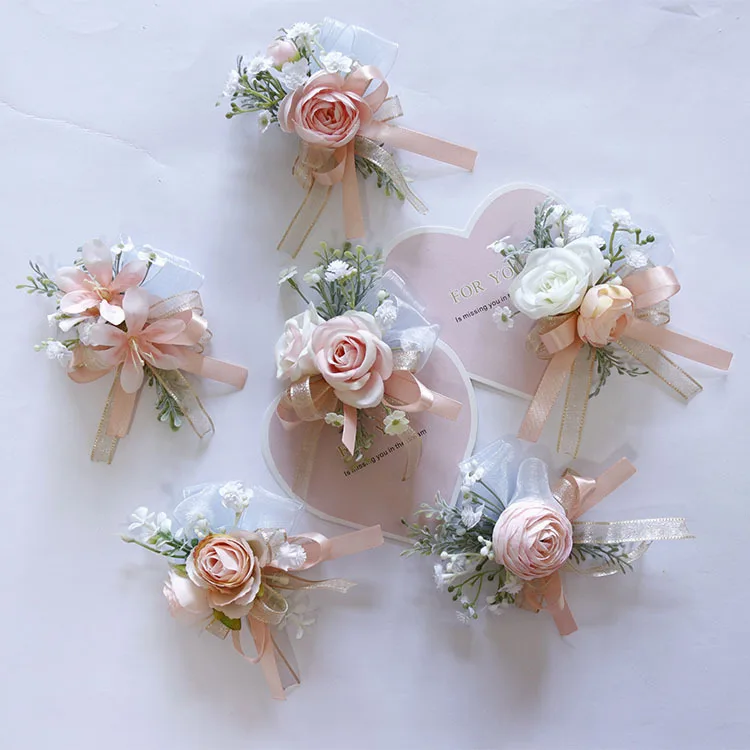 Fleurs artificielles en soie faites à la main pour le poignet, nouvelle décoration pour mariage, nœud pour marié, mariée, demoiselle d'honneur