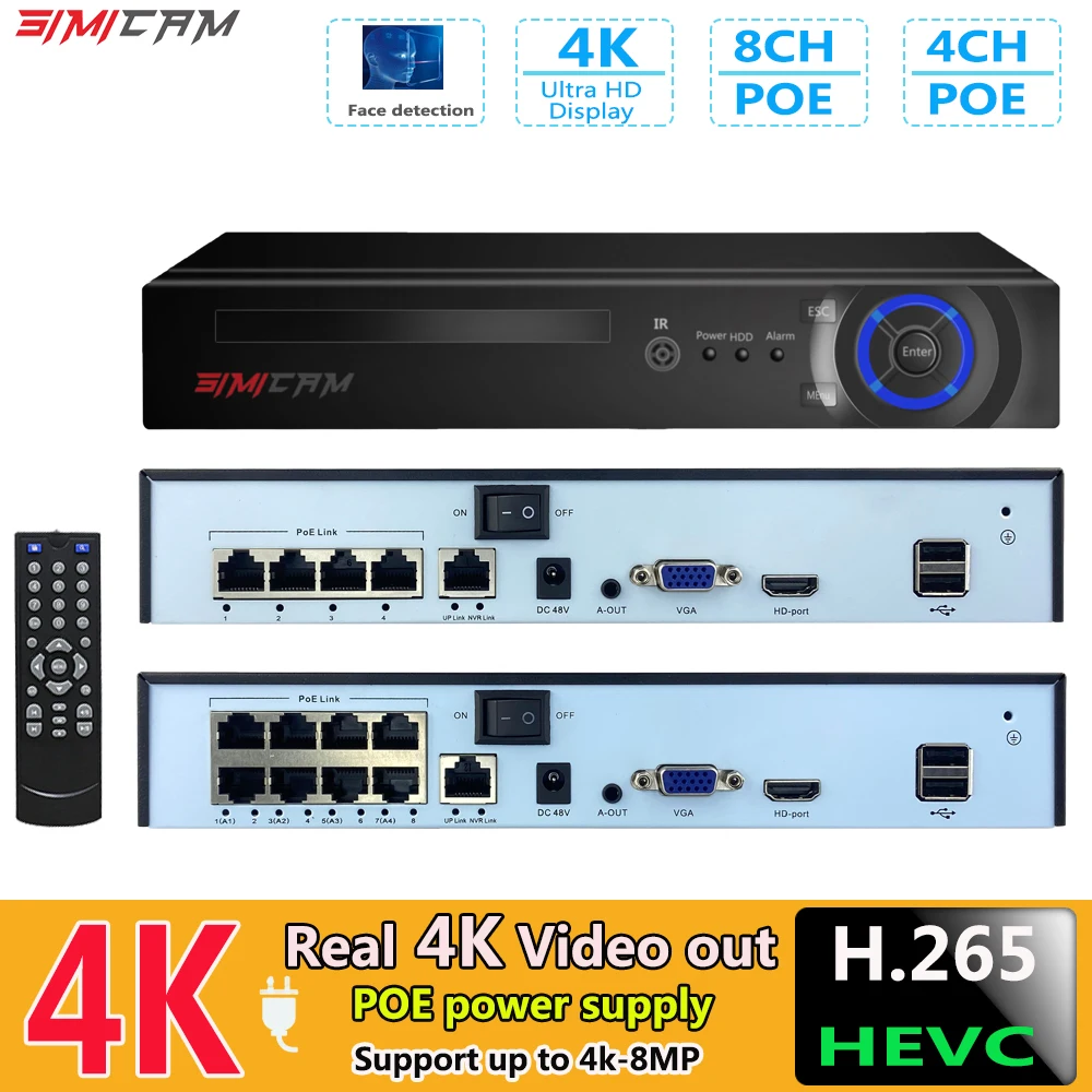 

4/8-канальная система 4K Smart POE NVR для IP-камер 1080p/3MP/4MP/5MP/6MP/8MP/4K Сетевой видеорегистратор POE Приложение для наблюдения Xmeye