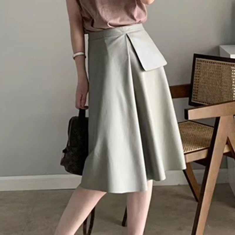 New Fashion Korean Style Genuine Leather Skirt Women 100% Real Sheepskin Midi Knee Length A-line High Waist Street Skirt Female