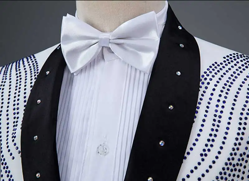 Stylish Crystal Embroidery White Suit Men Patchwork Shawl Collar One Button Suits Pants Men Wedding Party Tuxedo Costume Homme