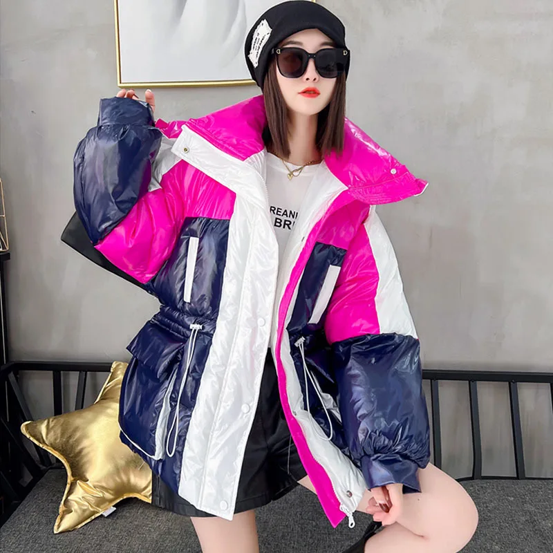 2024 Winter New Glossy Down Cotton Padded Coat Women Fashion Color Matching Hooded Casual Cotton Clothes Parkas Female Outwear