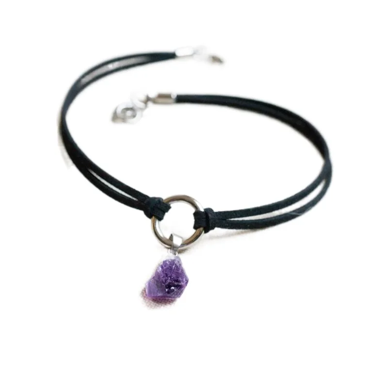 Purple Crystal Choker Necklace Witchy Jewelry Raw Stone Pendant Black Layering Choker Boho Style Fashion Punk Charm Women Gifts