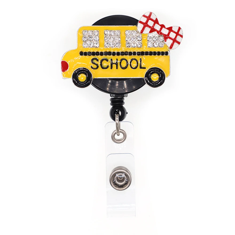 

10pcs Free shipping Enamel Rhinestone School Car Bus Retractable badge Holder