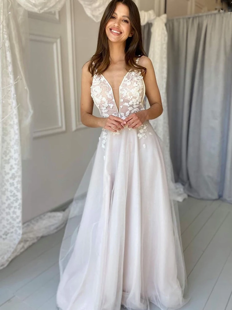 Vestido de noiva personalizado com decote em v 3d, vestido de casamento simples sem mangas linha a com pingente de tule