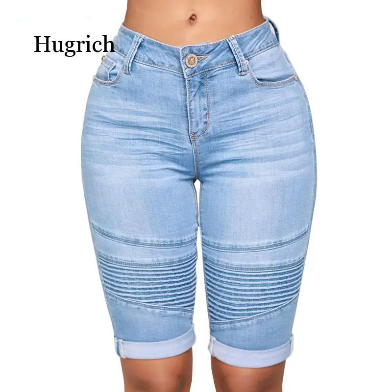 

Summer Women's High Waist Denim Blue Shorts Bodycon Knee Length Elastic Slim Fit Classic Shorts 2020 New Style