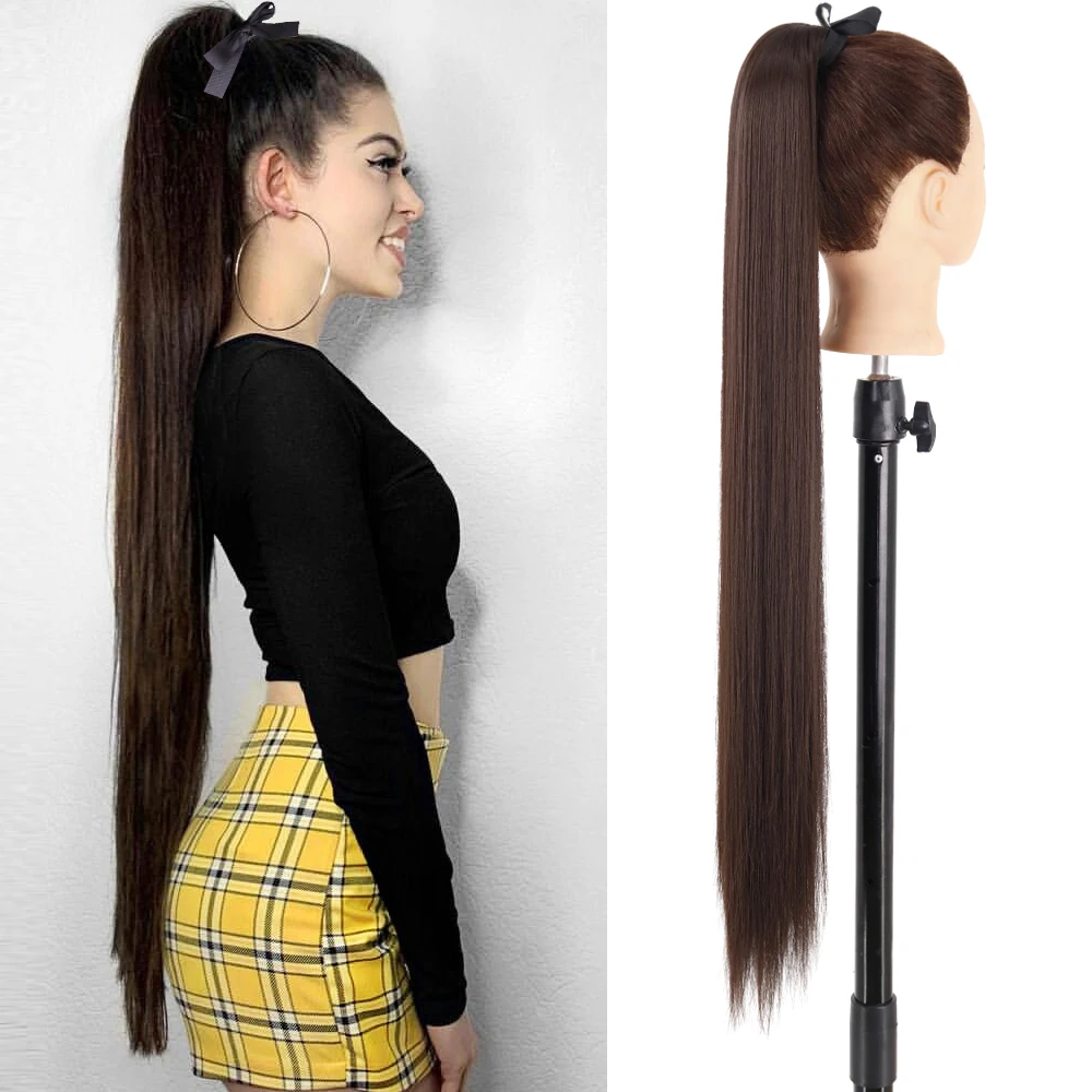 34Inch Synthetic Long Straight Ponytail Wrap Around Ponytail Clip in Hair Extensions Natural Hairpiece Fake Hair Black Brown