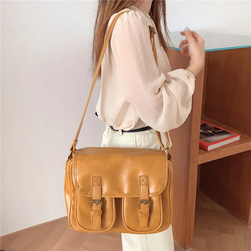 Vintage women Messenger bag Large capacity oil wax leather female shoulder bag ladies crossbody bag Casual big handbag yellow