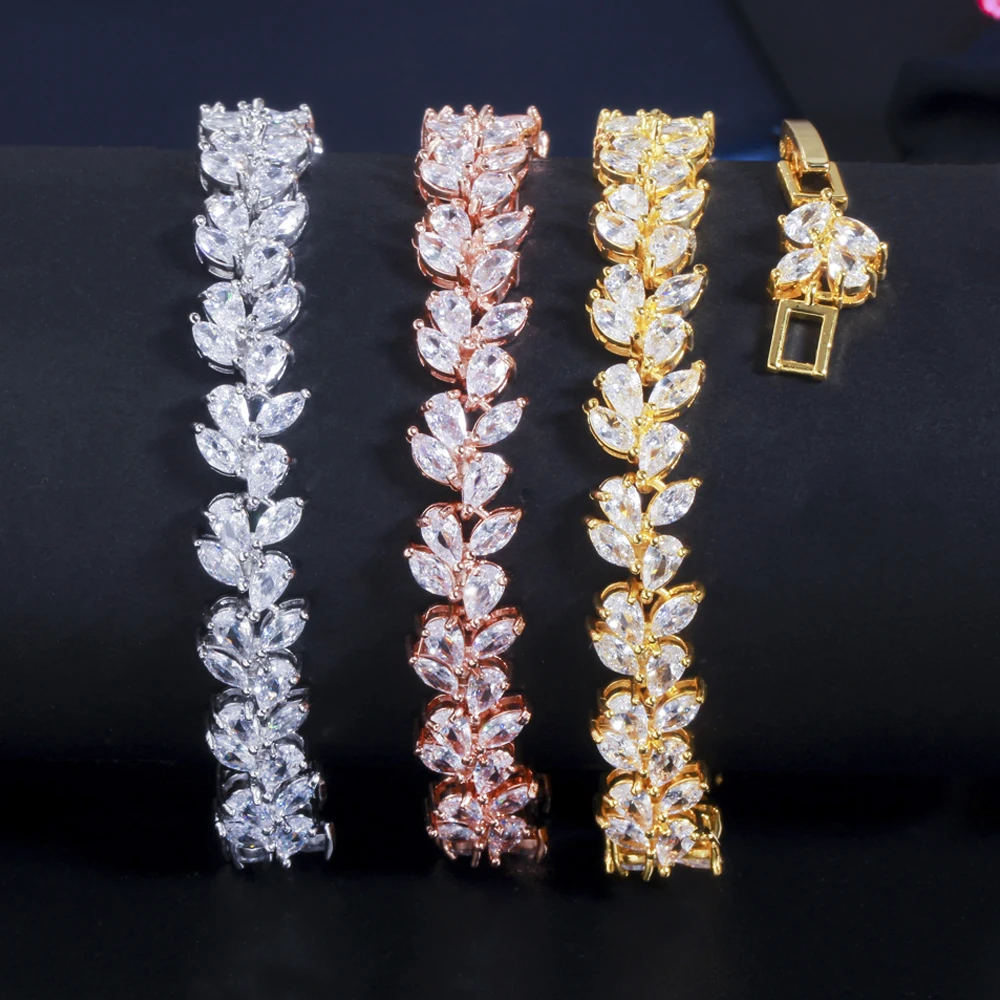 ThreeGraces Shiny Marquise Cut CZ Silver Color Leaf Shape Link Chain Bracelet Bangle for Brides Wedding Party Prom Jewelry BR155