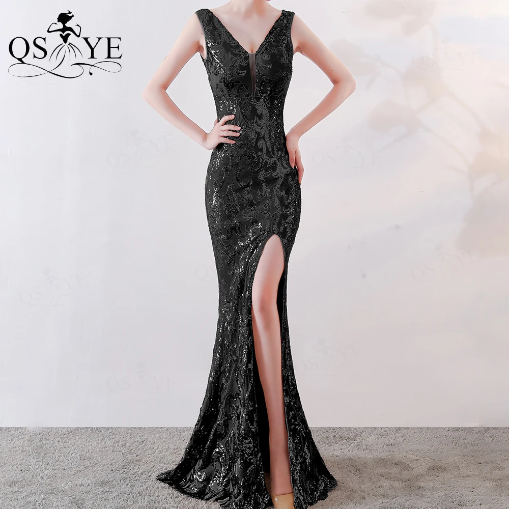 Silver Evening Dresses Long Fitted Sequin Dress Mermaid Long Evening Gown Unique Pattern Lace Sexy Split Party Formal Gown