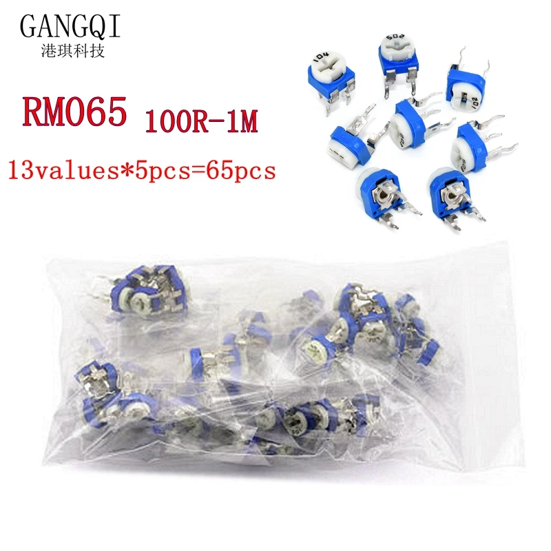 13values*5pcs=65pcs Trimming Potentiometer RM065 top adjustment 100R-1M RM065 WH06-2 Variable Resistors Assorted Kit