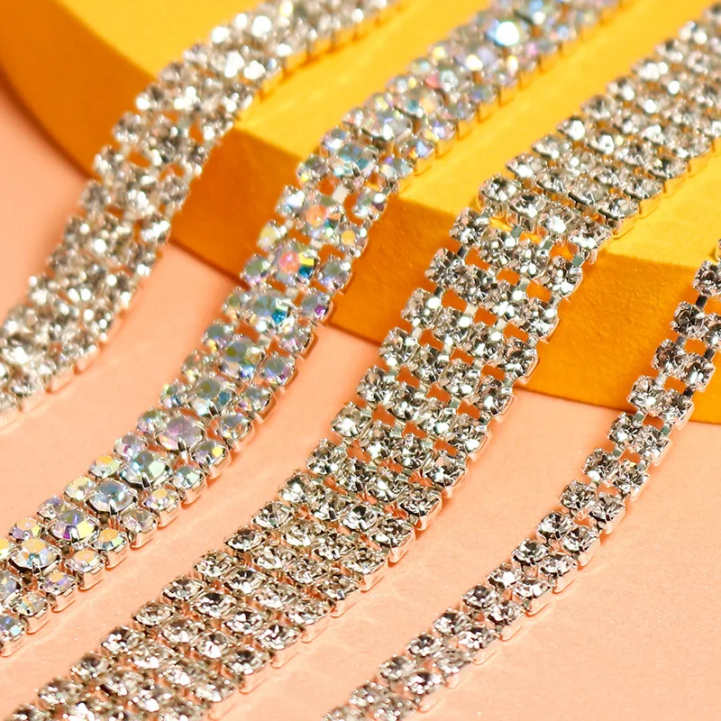 1 Yard Silver Gold AB Rhinestone Chain Tape  Sew on Trim Crystal Decoration DIY Belt Garment Strass Applique Craft for Clothing