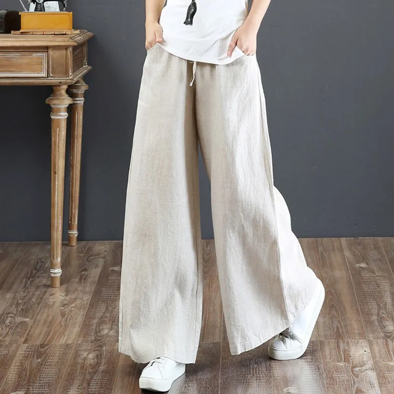 Women Cotton Linen Wide Leg Pants New 2020 Autumn Vintage Solid Color Loose Comfortable Ladies Casual Trousers S1824