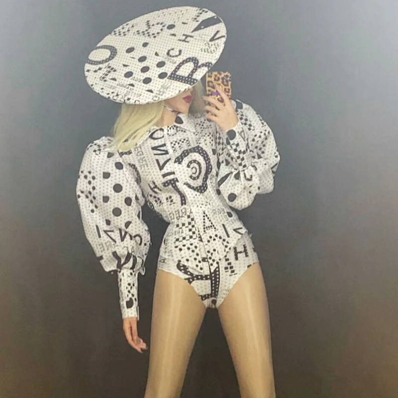 Fashion Letters Print Long Sleeve Top Short Hat 3 Pieces Set Costume Stage Jazz Dance Wear Birthday Party Dress Jacket Headdress