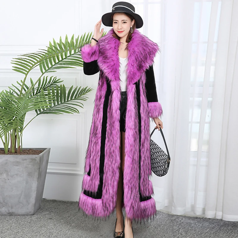 New Style Fox Fur Collar Coat Overcoat Women X-long Fur Jacket Coat Fashion Woman Warm Splice Fur Coats Temperament Slim Jackets