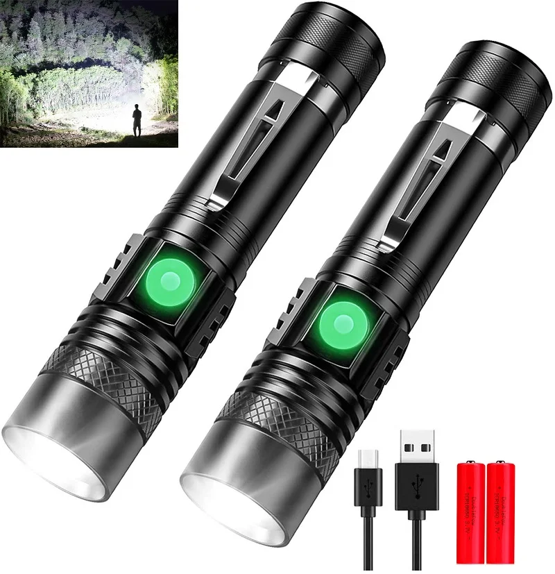 Lampe de poche USB Rechargeable à lumière LED, torche Super lumineuse, tactique, étanche, Zoomable, idéale pour le Camping