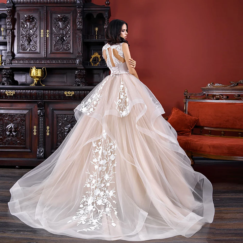 Abiti da sposa senza schienale A-line colletto quadrato Tulle Appliques pizzo Boho Dubai abito da sposa arabo abito da sposa Vestido De Noiva