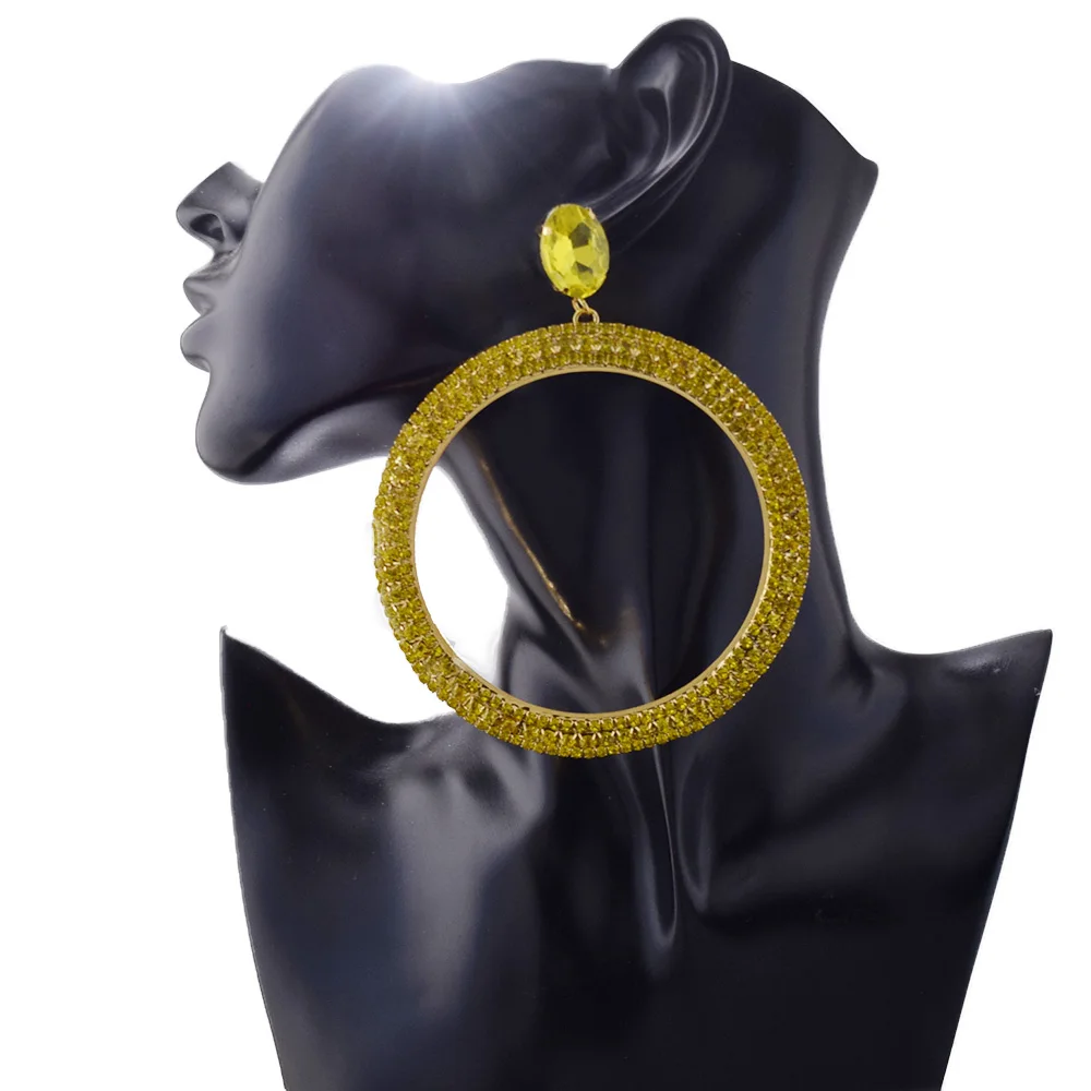 

8.7cm New Big Circle Round Hoop Earrings for Women's Fashion Statement Golden rhinestones Charm Earrings Party Jewelry