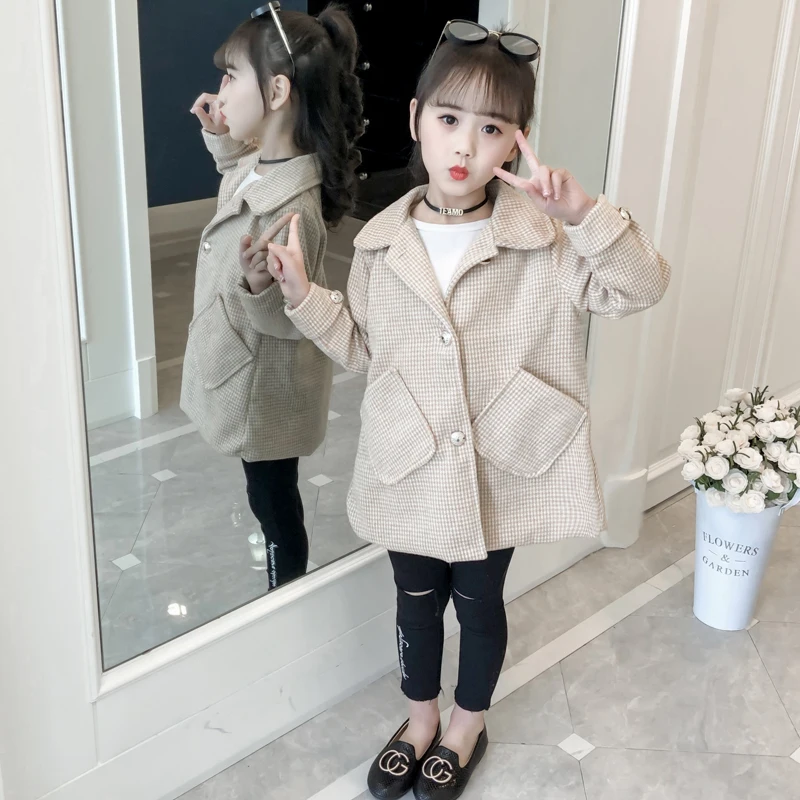 Hot Girls Autumn Plaid Woolen Coat Outerwear With Pocket Children's Casual Elegant Woollen Jacket Kids Spring Trench Coat P112