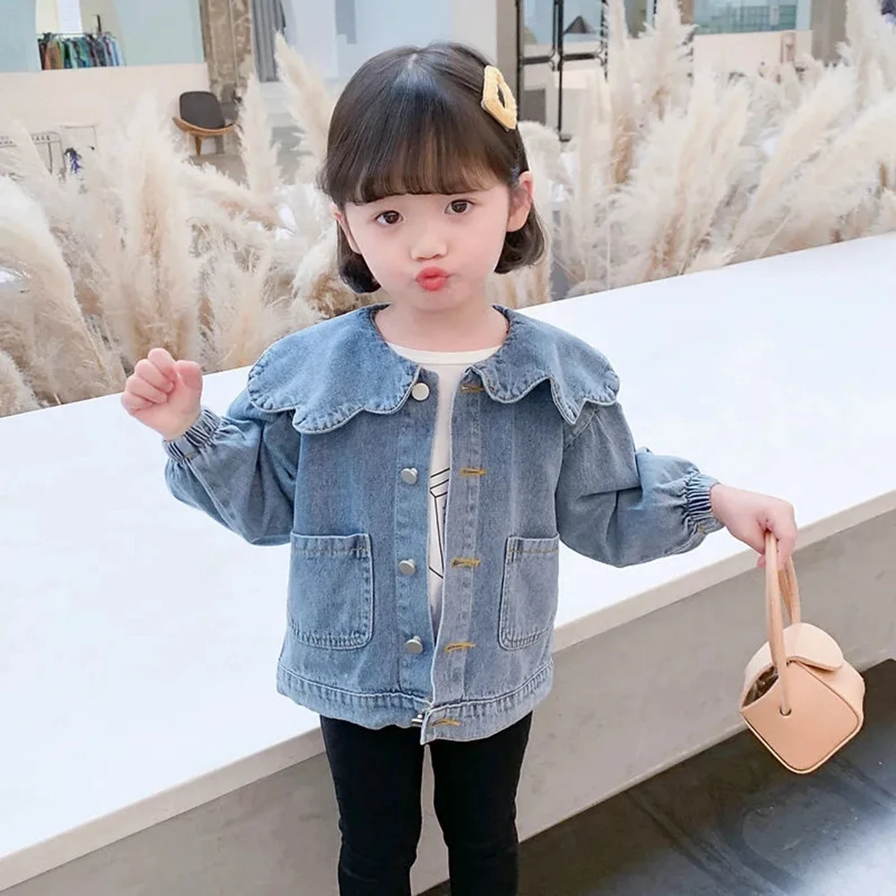 

2021 Autumn New Todder Baby Girl Soft Denim Jacket Coat Kids Blue Ruffles Outerwear Clothing For Girls 6 5 4 3 2Years