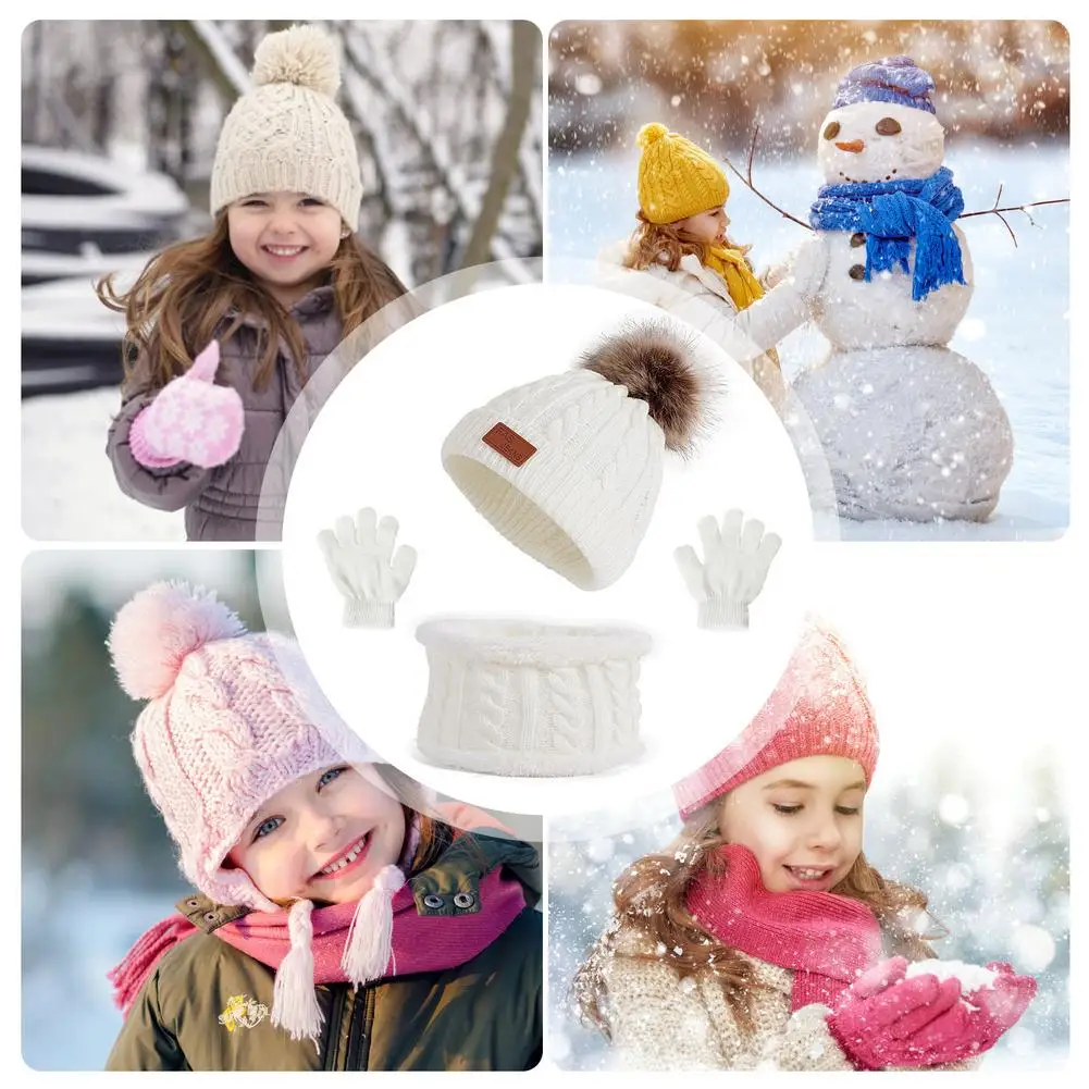 Kids Winter Hats Toddler Gloves Hats Gloves Scarf Set Warm Fleece Lining Hat 3Pcs Winter Beanie Hat Scarf Gloves Set For 1-5