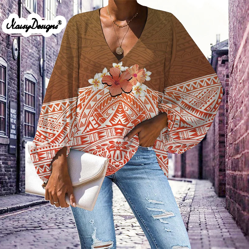 Noisydesigns Fashion Pullovers Polynesi Blouse Shirt Print Women's Tops V-Neck Loose Casual Summer Female 4XL Dropship