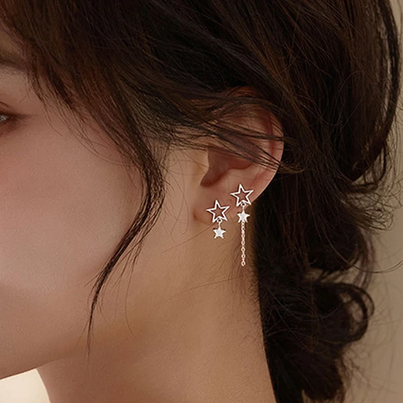 Two Star Crystal Long Chain Tassel Pendant Stud Asymmetry Earrings for Women Lady Shine Zircon Geometric Piercing Charming