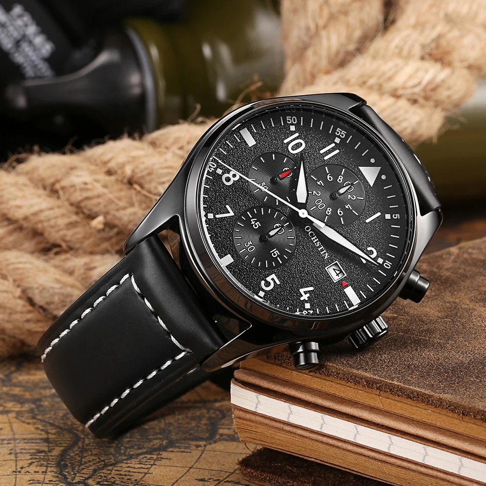 Mens Watches Quartz Chronograph Men Watch Pilot Sport Male Wristwatch Top Brand OCHSTIN Leather Waterproof Casual Fashion Clock