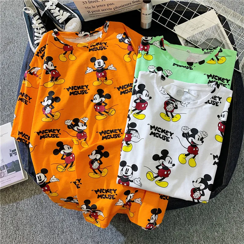 Ladies cartoon Donald Duck Mickey print short-sleeved t-shirt color summer cartoon Girl mid-length fashion Harajuku style