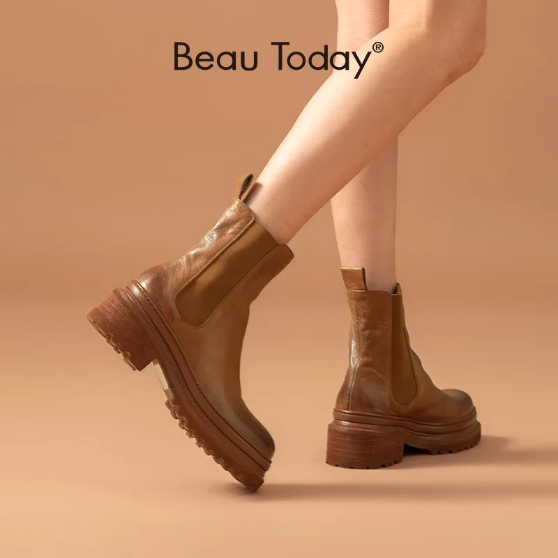 BeauToday Chelsea Boots damskie skóra końska Retro woskowanie okrągłe Toe gumką Lady platforma podeszwa buty ręcznie robione 03503