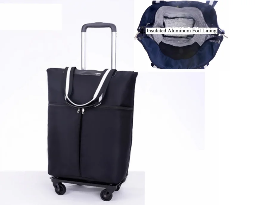 20 inch Women Aluminum foil lining Shopping Bag with wheels Travel Trolley Bags Woman Carry-on hand Rolling Shopper Tote Bags