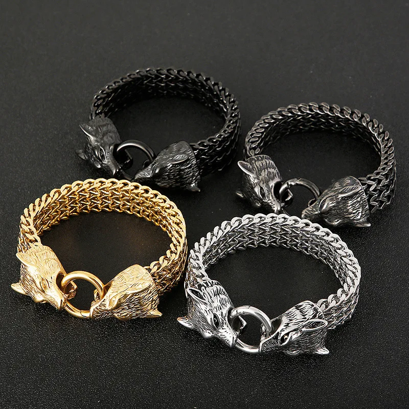 New listing European and American punk trendy titanium steel creative wolf head bracelet