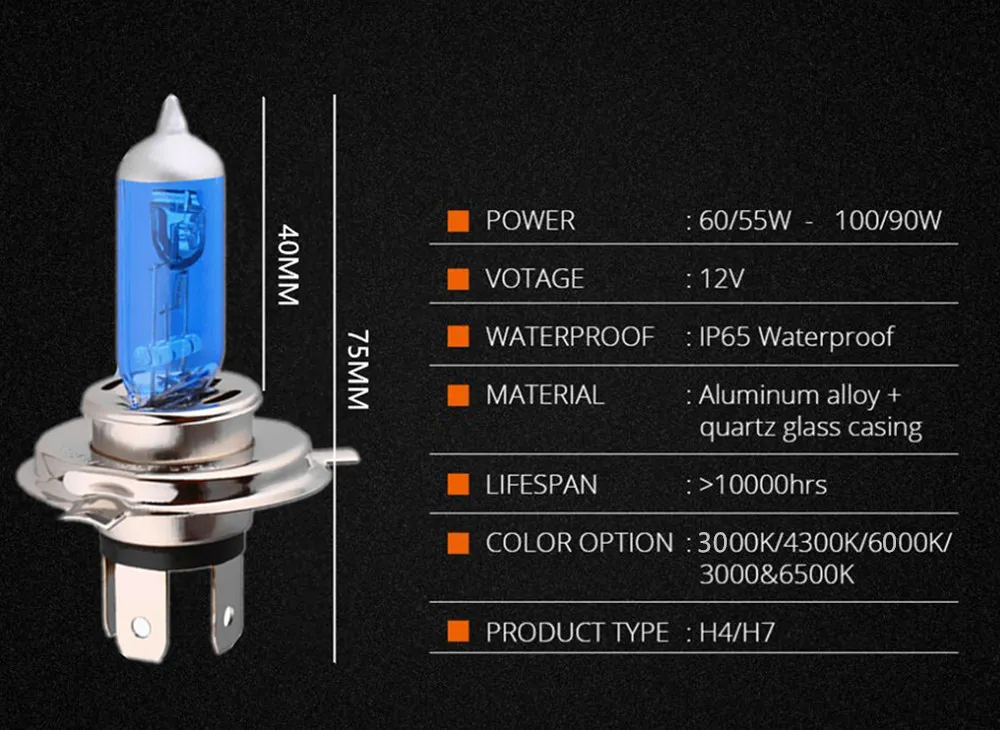 1PCS Super White Halogen Bulb H4 H7 12V 55W/60W 3000K 4300K 6000K Quartz Glass Car Headlight Lamp motorcycle light lamp