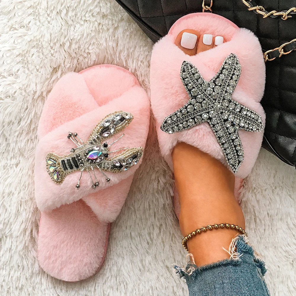 Fur Slides For Women Fluffy Slippers Cross Strap Starfish Lobster Decor Luxury House Slippers Flat Winter Warm Designer Shoes