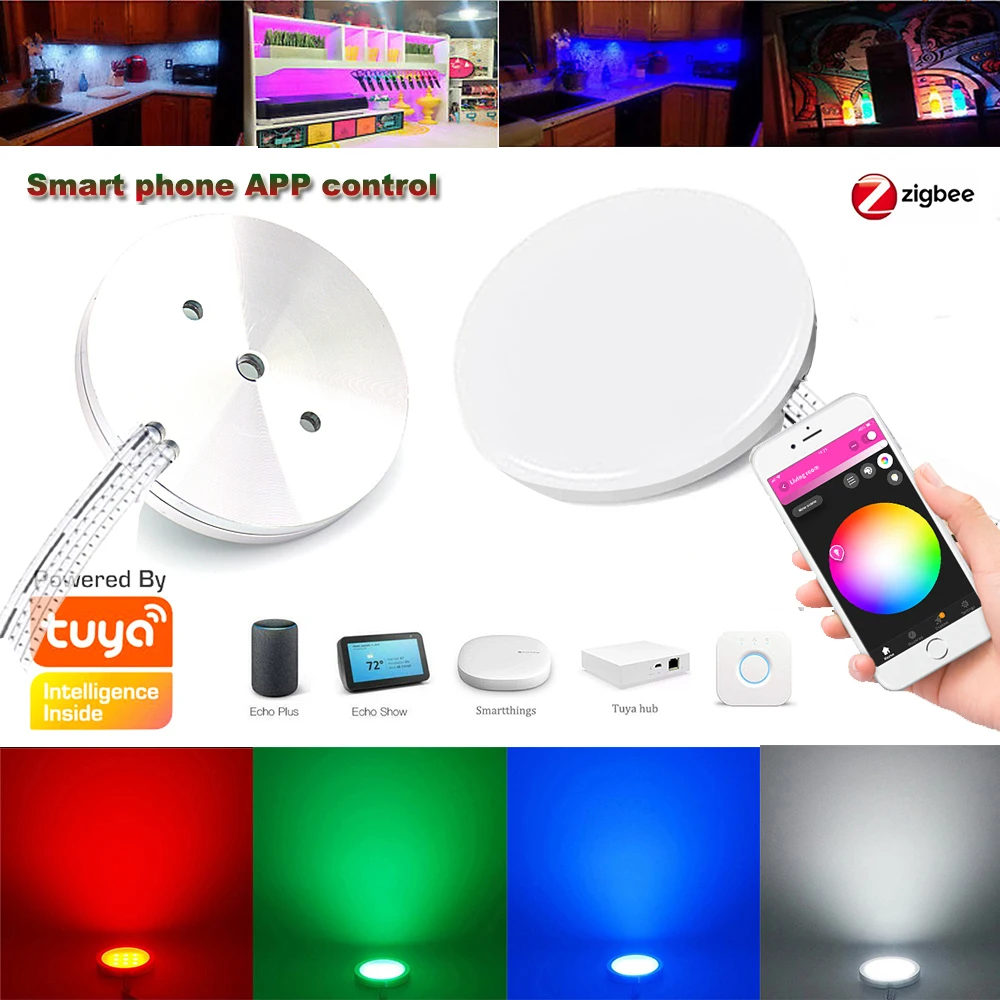 Set Di 4 Luci LED Rotonde Per Armadi E Librerie, 12V RGB Con Controllo Zigbee 3.0 E Alexa, Dimmerabili, Alluminio - 2