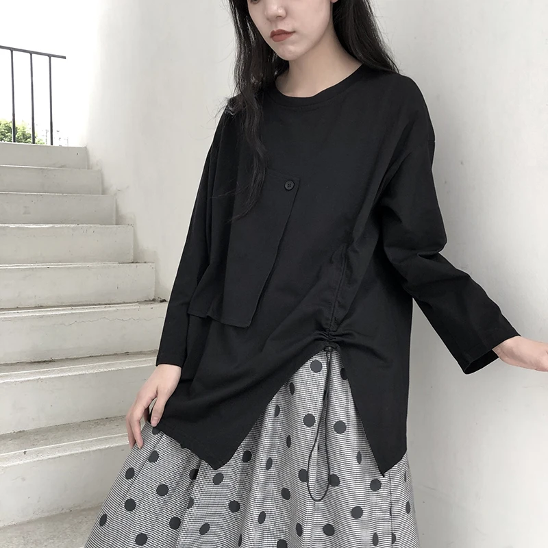 Autumn and winter women's new clothing line split drawstring design round neck patchwork design long sleeve T-shirt