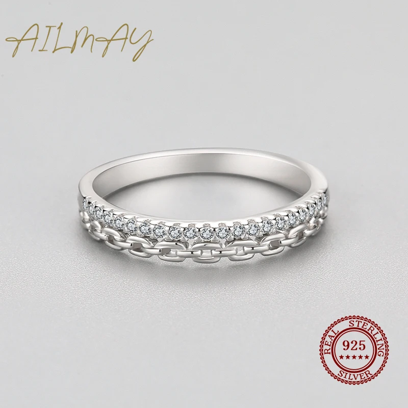 Ailmay Fashion 925 Sterling Silver Dazzling Zircon Chain Shape Stackable Finger Ring For Women Girls Party Accessories Jewelry