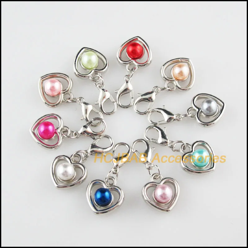 20Pcs Dull Silver Plated Heart Frame Mixed Acrylic Charms Pendants With Lobster Claw Clasps 13x14mm