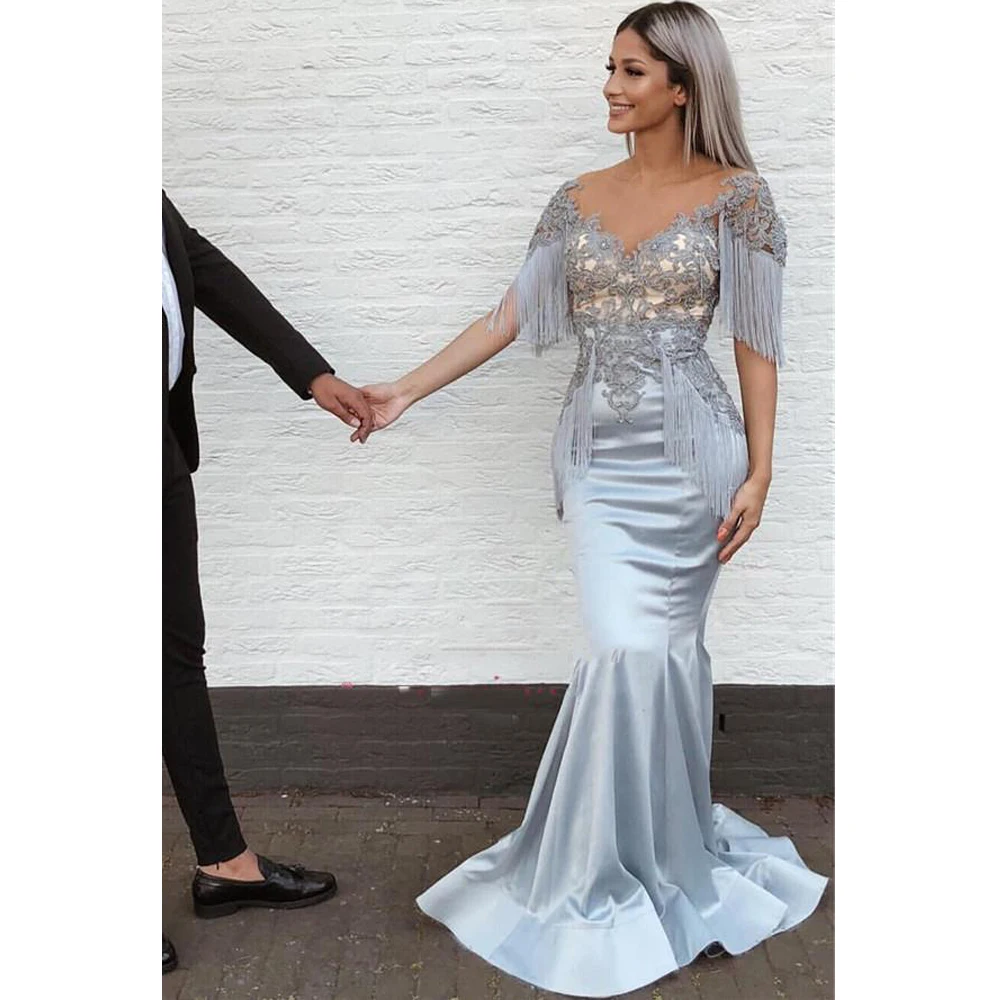 Sexy Evening Dresses Pleat Tassel Appliques V-Neck Short Sleeve Zipper Mermaid Gown Novia Do 2021 New Party