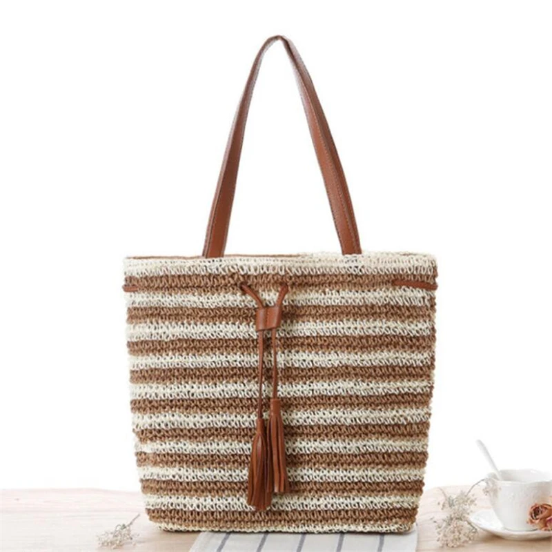 Summer Casual Shopping Bag for Women Simple One-shoulder Beach Bag Fashion Striped Crochet Straw Tote Bag IL00606