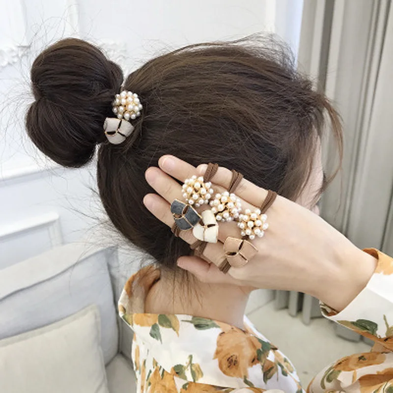 1set New Korea Women luxury Crystal Pearl Hair rope Net Red Vintage Hair Rubber Band Girl Cute Ball hair tie Ring Adult hairband