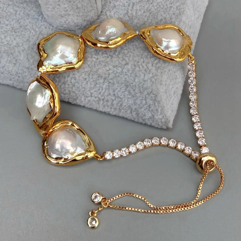 Y.YING White Keshi Pearl Flower Shape Bracelet Cubic Zirconia Pave Chain Adjustable