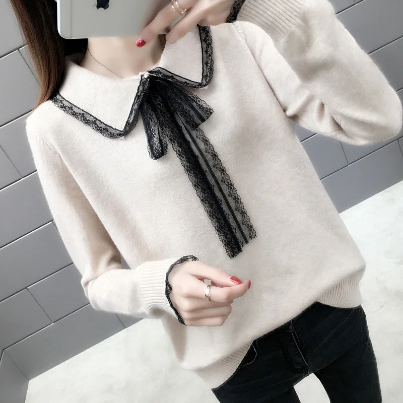 Bow Tie Autumn winter Sweaters Lace Patchwork Turn Down Collar Sweater Women Pullovers New Loose Lazy Knitted Sweater Tops