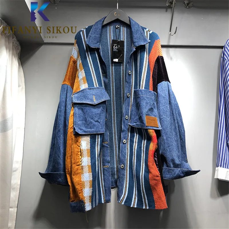 

Patchwork Fashion Women Denim Jacket Striped Knit Spliced Long Sleeve Jeans Jacket Women Pocket Loose Jeans Coat 2020 Autumn New