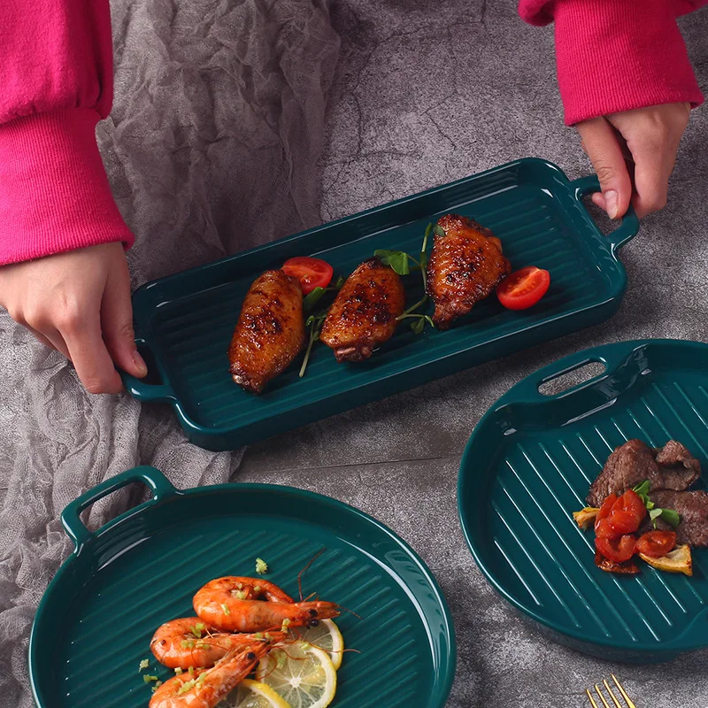 Set Piring Dapur Rumah Kreatif Nordik Peralatan Makan Keramik Peralatan Makan Malam Piring Dalam Memasak Hijau Tua Piring Bulat