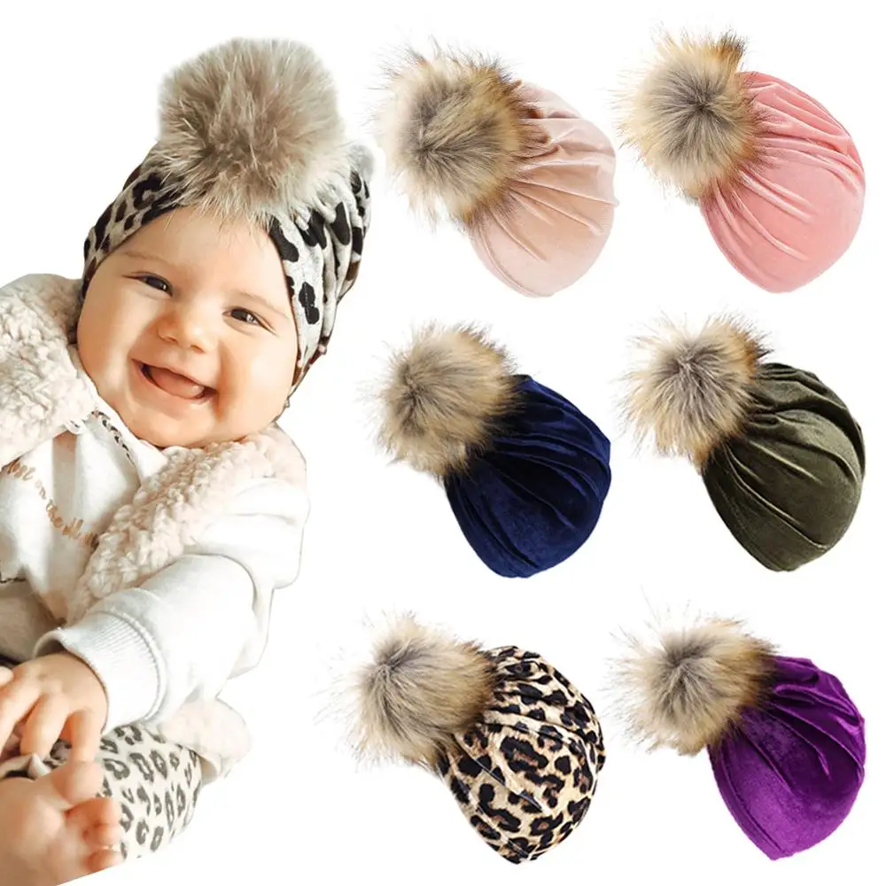 Solid Velvet Fabric Fur Ball Hat for Kids Boys Girls Baby Photograph Props Big Pompom Topknot Autumn Winter Ear Warm Beanie Cap