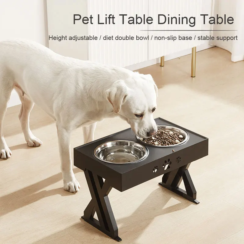 Stainless Steel Double Bowl Non-Slip Anti-Overturning Dog Bowl Adjustable Height To Protect The Cervical Spine